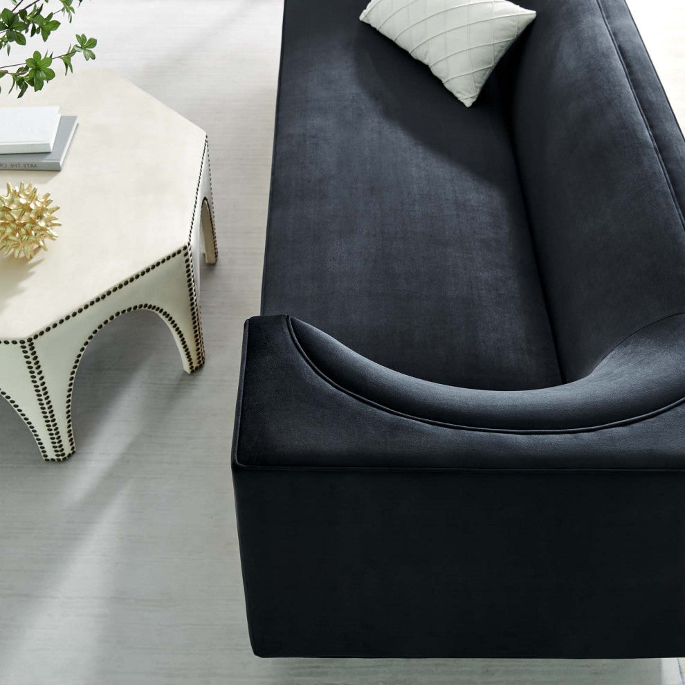 Sofa, Black, Velvet, Modern, Mid Century Living Hotel Lounge Cafe Lobby