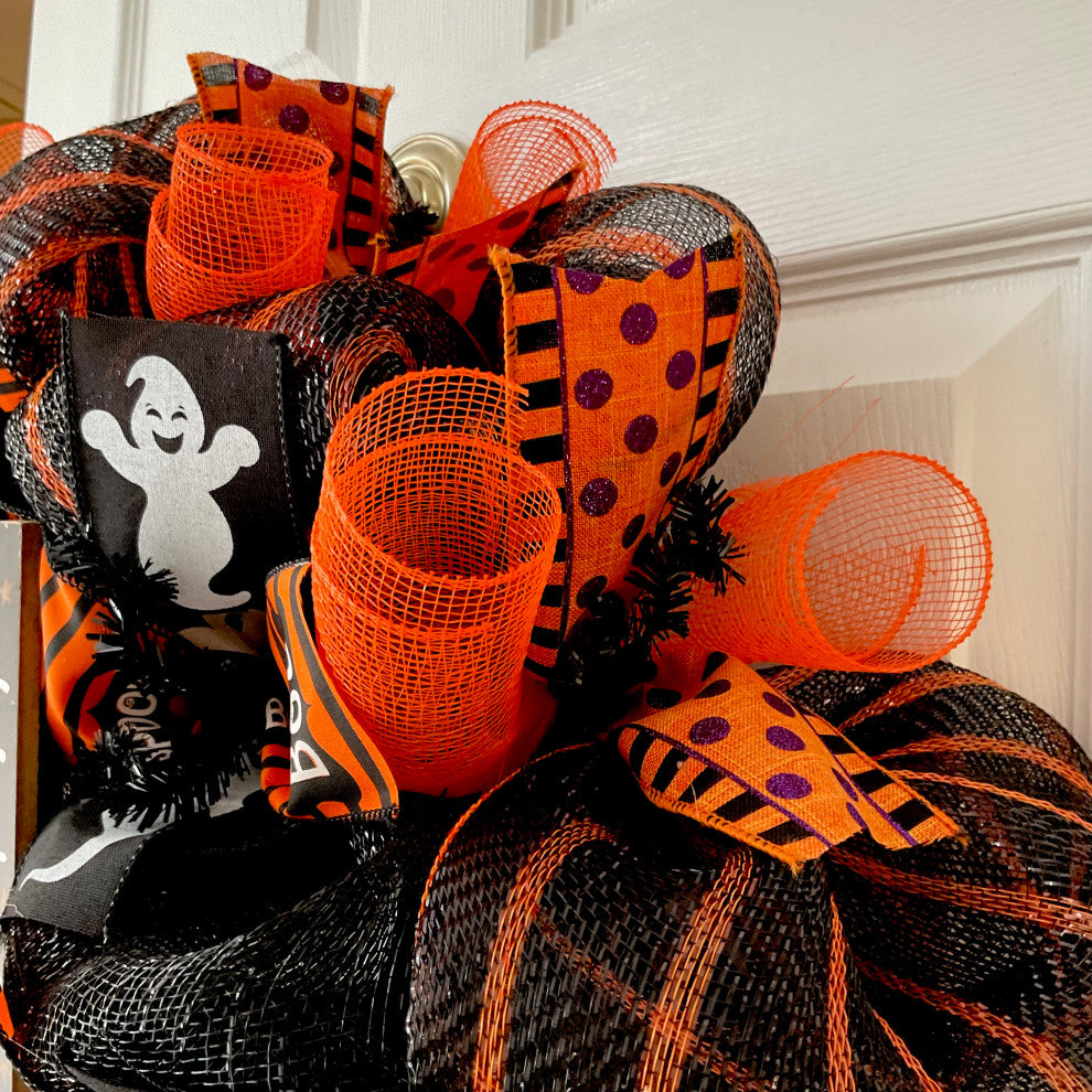 Welcome Crow and Pumpkin Handmade Deco Mesh Halloween Wreath