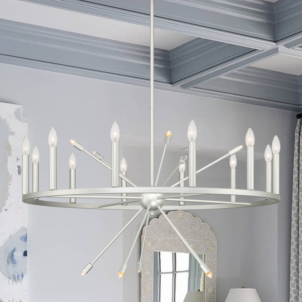 22-Light Candle Style Wagon Wheel Chandelier, White/Antique Silver