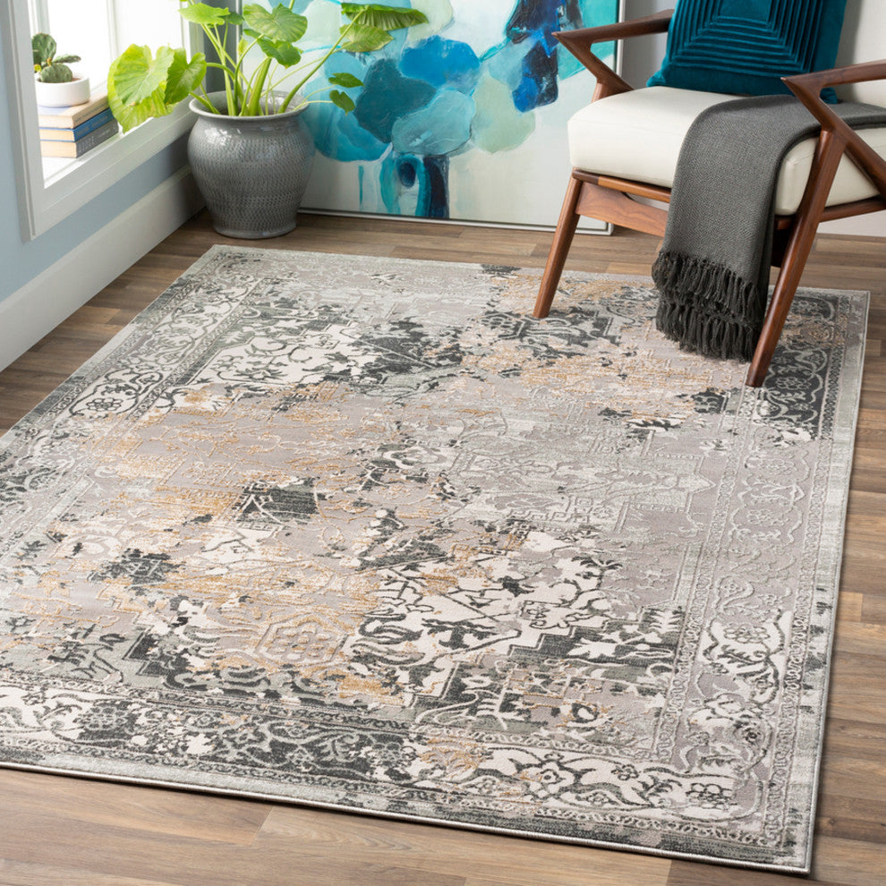 Surya Quatro QUA-2304 5'3"x7'3" Rug, Gray/Silver Gray/Dark Blue/Beige/Tan