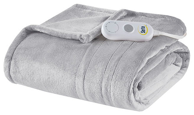 Serta Plush Heated Throw, Light Grey
