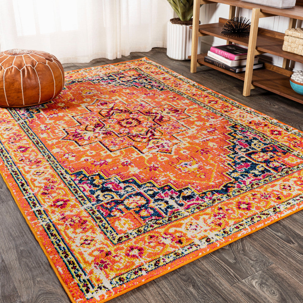 Brooklyn Geometric Medallion Area Rug, Orange/Blue, 3 X 5
