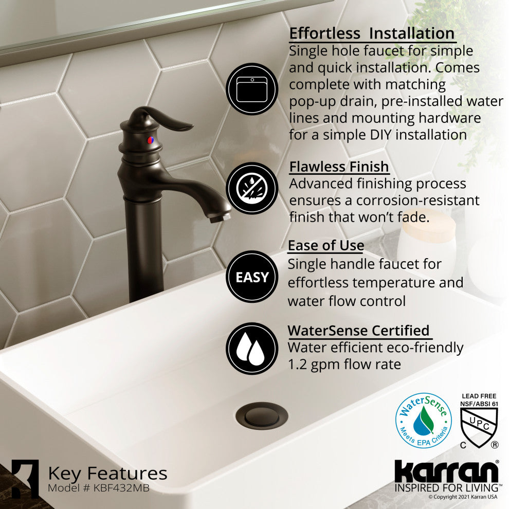 Karran KBF432 1-Hole 1-Handle Vessel Faucet With Pop-up Drain, Matte Black