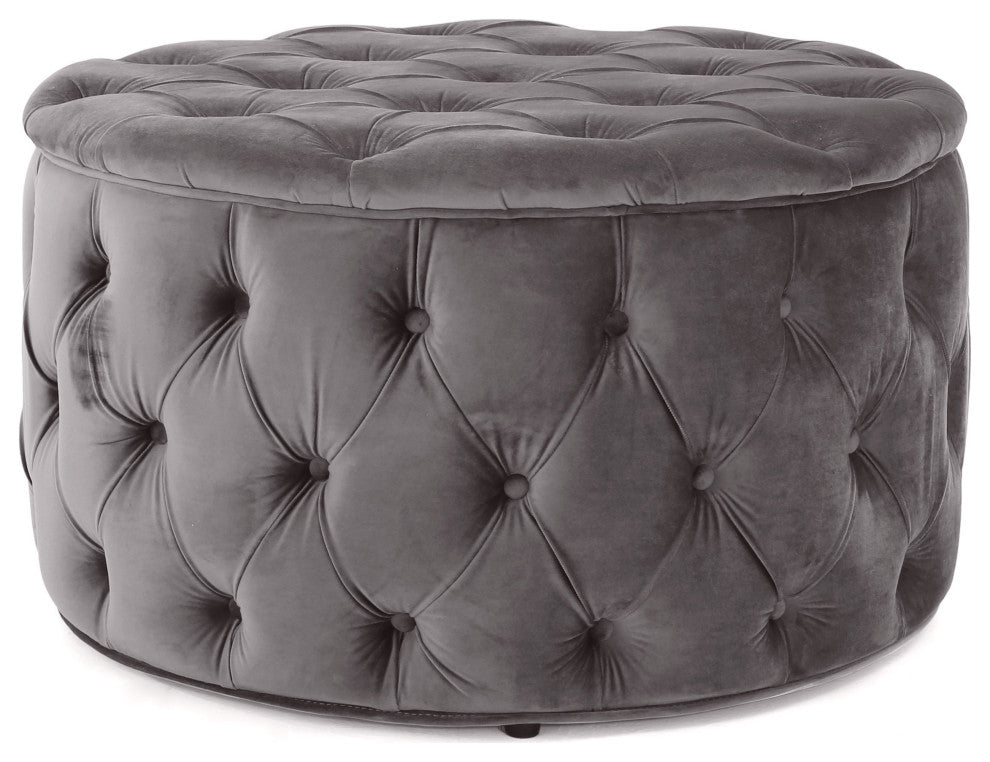 GDF Studio Maelyn Modern Glam Tufted Velvet Round Ottoman, Dark Gray