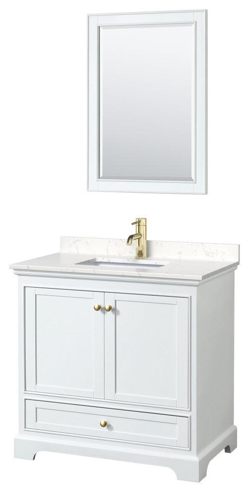 36"SGL Vanity White, Carrara Cult. Marble Countertop, Sink, Gold Trim, 24"Mirror