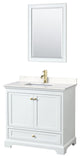 36"SGL Vanity White, Carrara Cult. Marble Countertop, Sink, Gold Trim, 24"Mirror