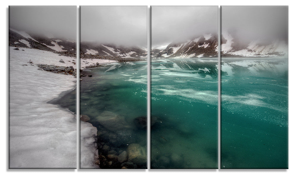 Lake With Icy Topped Mountains, Landscape Canvas Print, 48"x28", 4 Panels