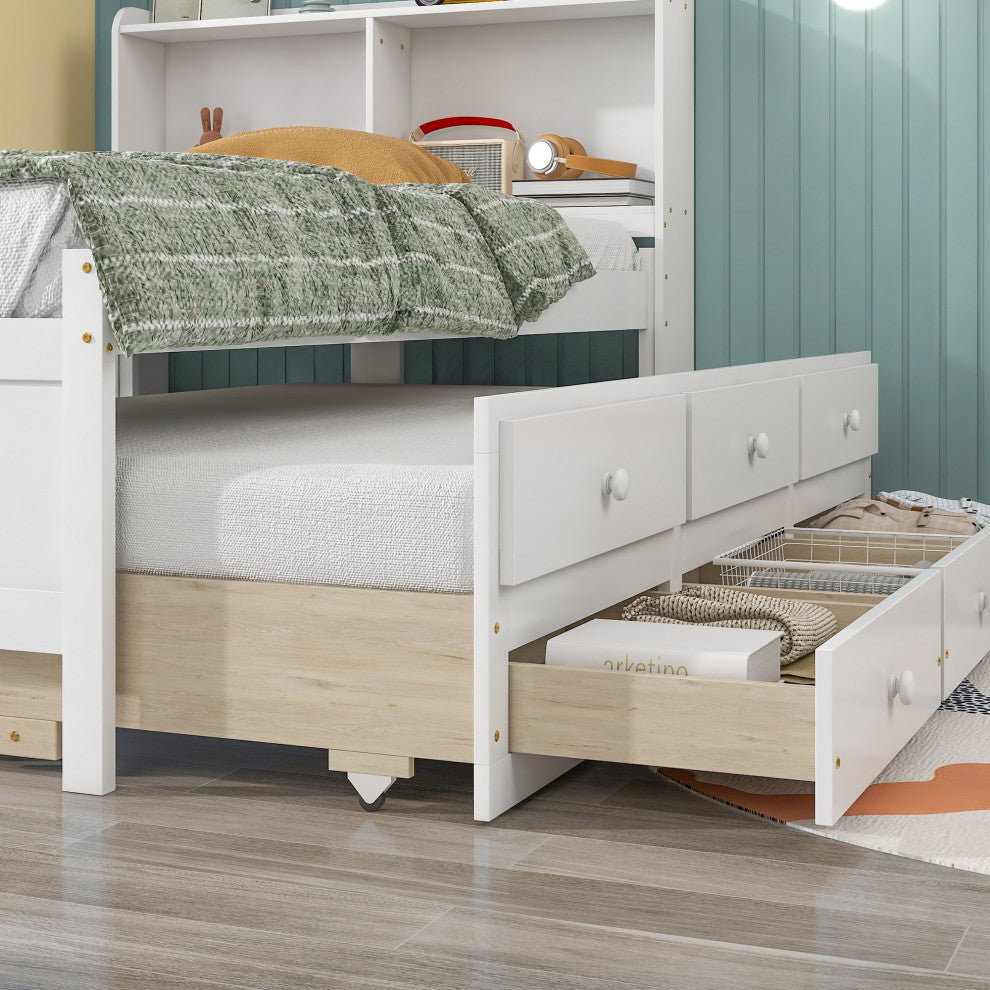 Full/Twin Wood Frame Platform Bed with Trundle and Drawers, White, Twin
