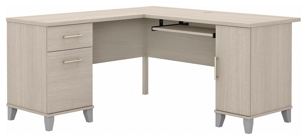 Transitional Desk, Corner Design With Cable Management & Drawers, Sand Oak