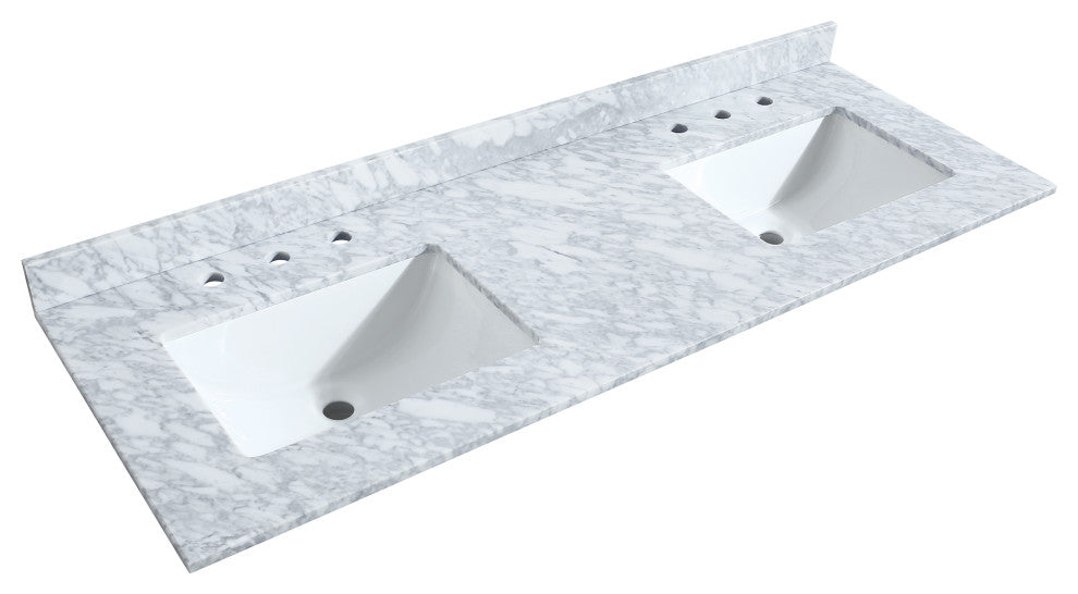60"DBL Bath Vanity White, Carrara Countertop, Sinks, Gold Trim, 58" Mirror
