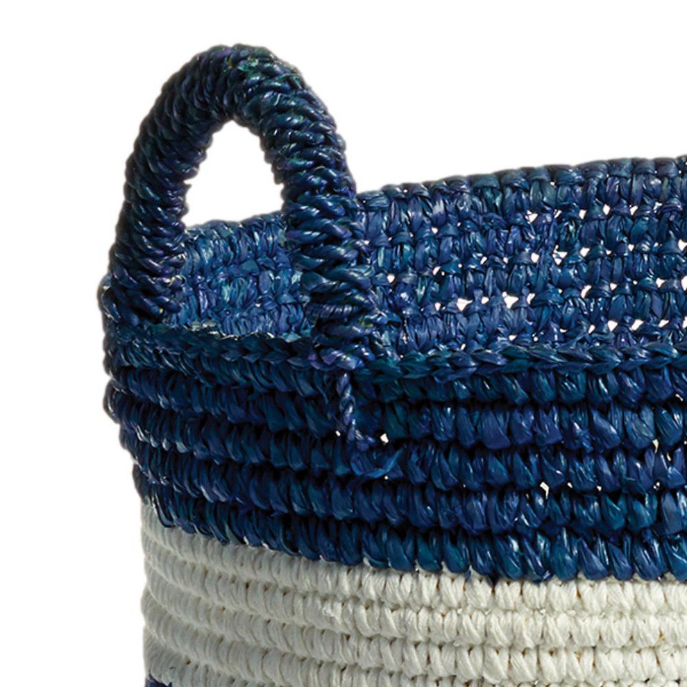 Set 2 Large Coastal Casual Blue White Stripe Tall Hamper Tote Baskets Handles