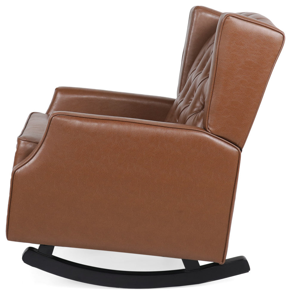 Amedou Faux Leather Tufted Wingback Rocking Chair, Cognac/Dark Brown
