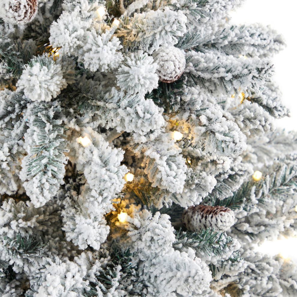 4.5' Flocked Livingston Fir Faux Xmas Tree W/Pinecones & Lights, Tall Planter