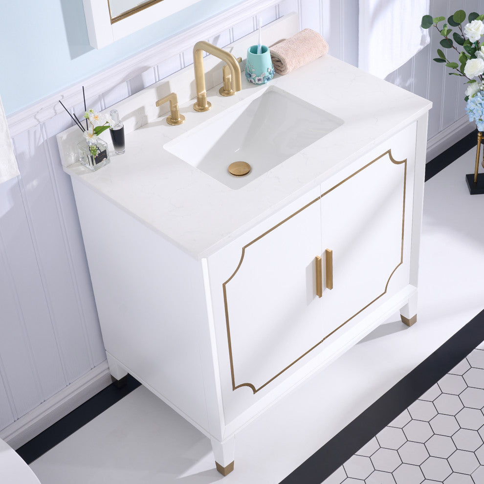 Melody Freestanding Bathroom Vanity with Wall Vanity Mirror and Quartz Top, White, 36"