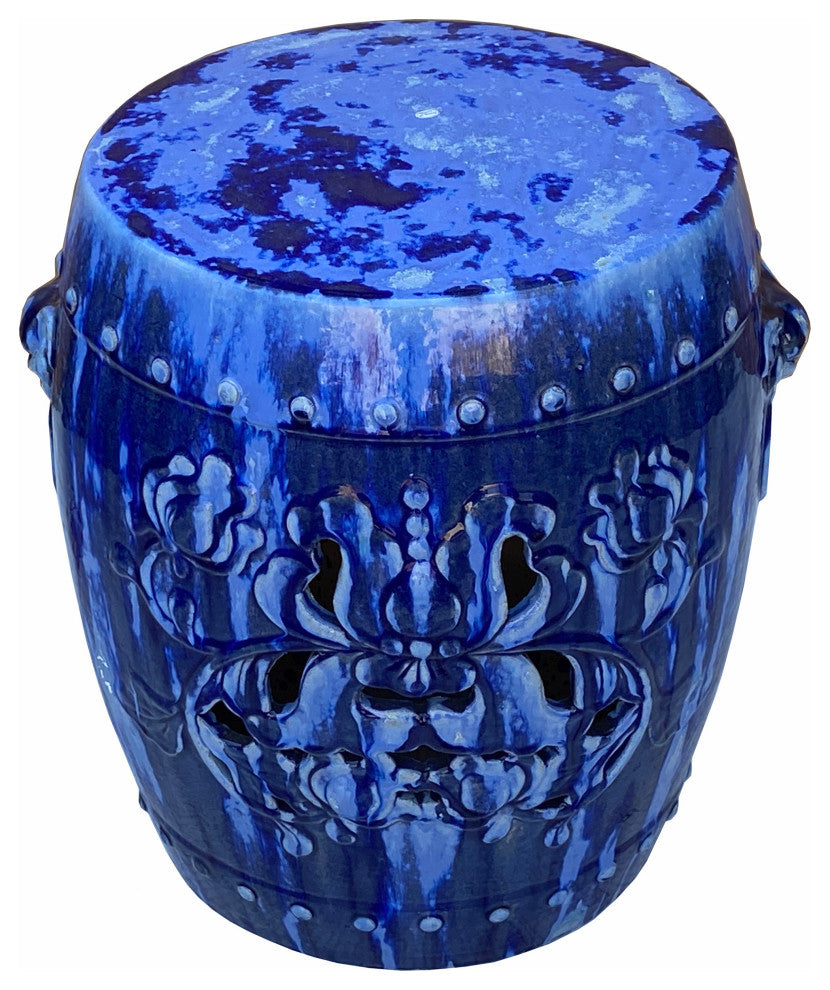 Chinese Mixed Blue Round Lotus Clay Ceramic Garden Stool Table Hcs7061