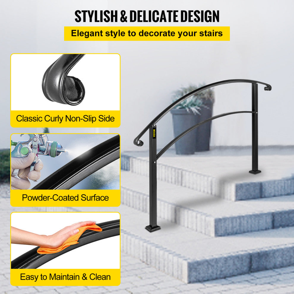 VEVOR Handrails for Outdoor Steps 1 to 3 Steps Stair Railing, Black, 3 Ft
