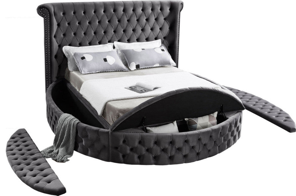 Luxus Button Tufted Velvet Round Bed, Gray, Full