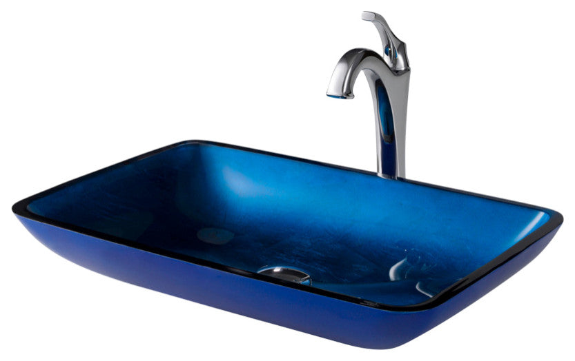 Glass Vessel Sink, Bathroom Arlo Faucet, PU Drain, Mounting Ring, Chrome