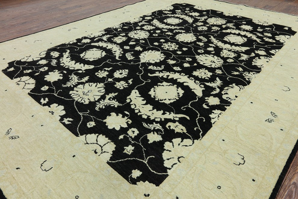 Oriental Chobi Peshawar Black Hand Knotted 9'x12' Rug, W2236