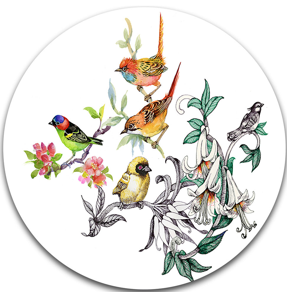 Tropical Flowers And Birds, Birds Large Disc Metal Wall Art, 11"