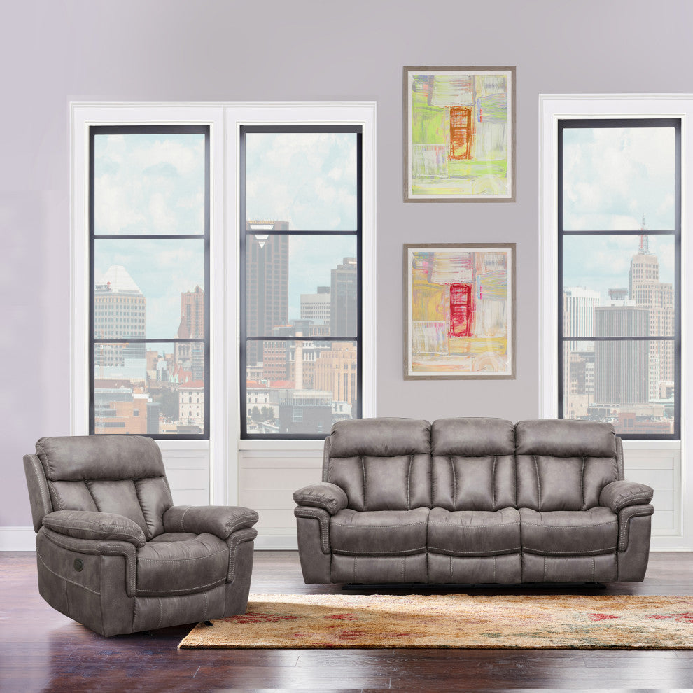 Estelle Power Reclining 2 Piece Sofa and Recliner Set, Gunmetal Fabric