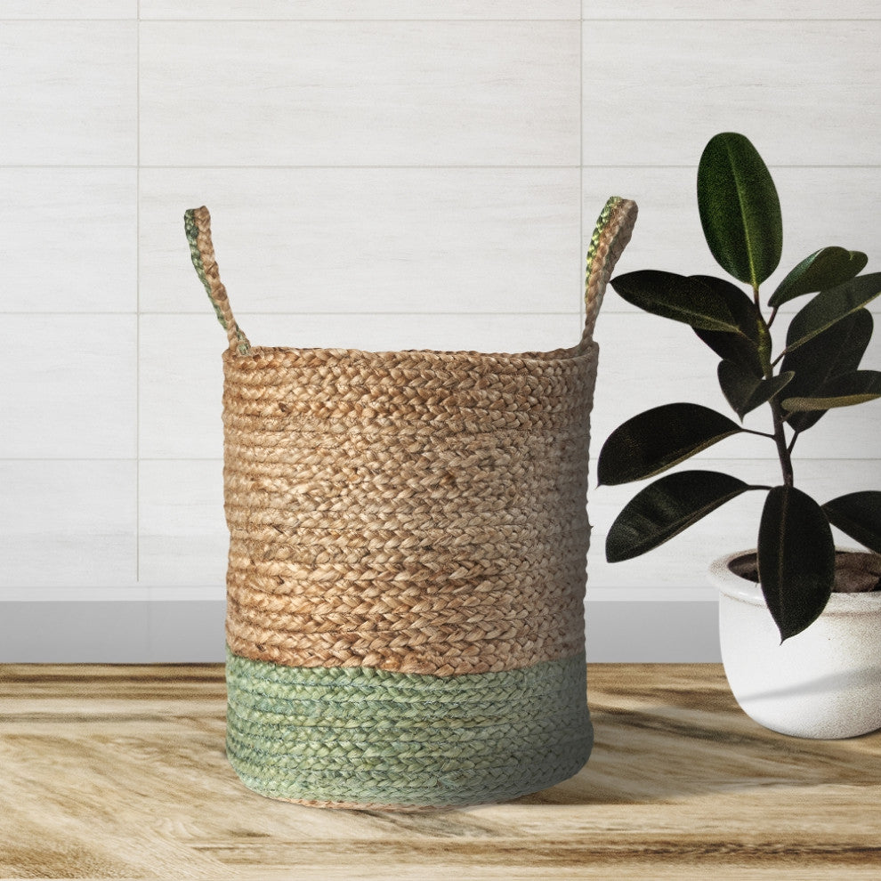 Seafoam Color Block Jute Basket, 15" Height