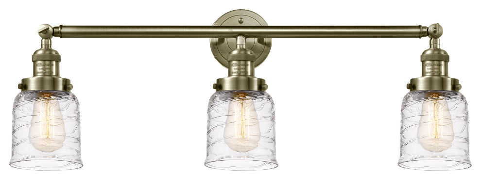 Small Bell 3 Light Bath Vanity Light, Antique Brass, Deco Swirl