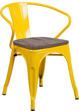 Yellow Metal Chair with Wood Seat and Arms