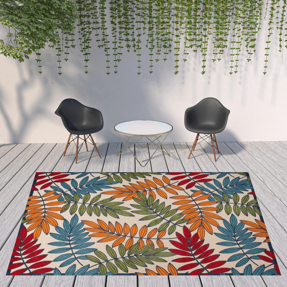 9' X 12' Beige Green And Orange Floral Non Skid Indoor Outdoor Area Rug