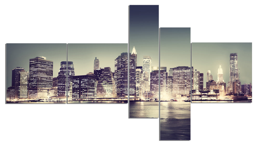 Black and White NYC Night Panorama, Extra Large Canvas Print, 60"x32", 5 panels