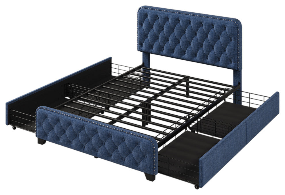 Metal Platform Bed with Headboard, Upholstered and 4-Drawer, Blue, 78.7" X 58.3"