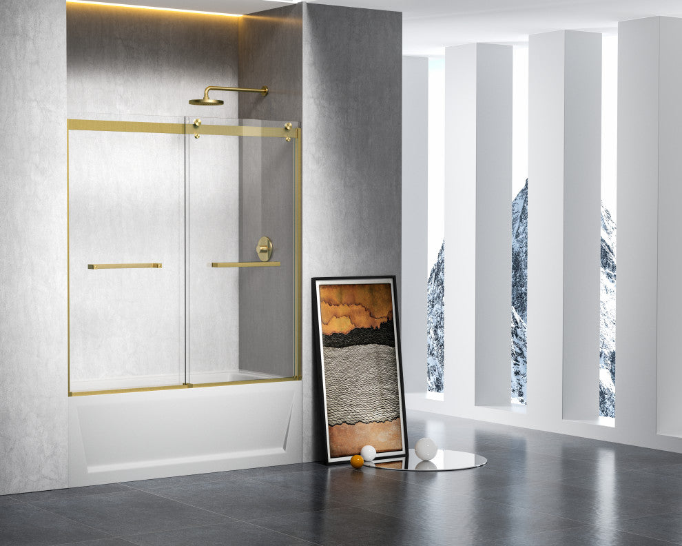Home Living 60X60 Frameless Double Sliding Tub Door, Brushed Gold