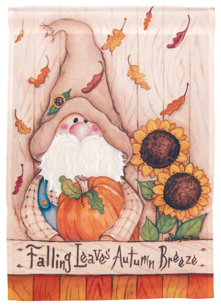 Gnome Falling Leaves Autumn Flag, Large