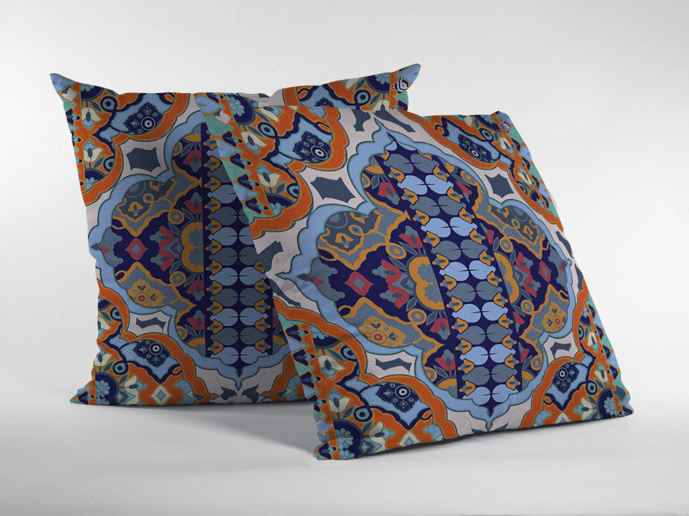 28" Orange Blue Boho Indoor Outdoor Throw Pillow