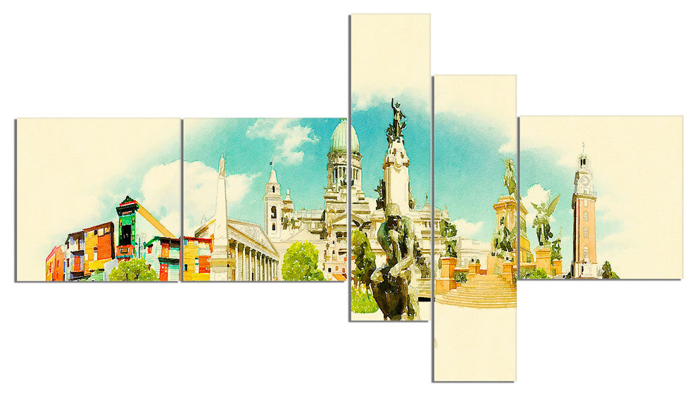 Buenos Aires Panoramic View, Cityscape Watercolor Canvas Art, 60"x32", 5 panels
