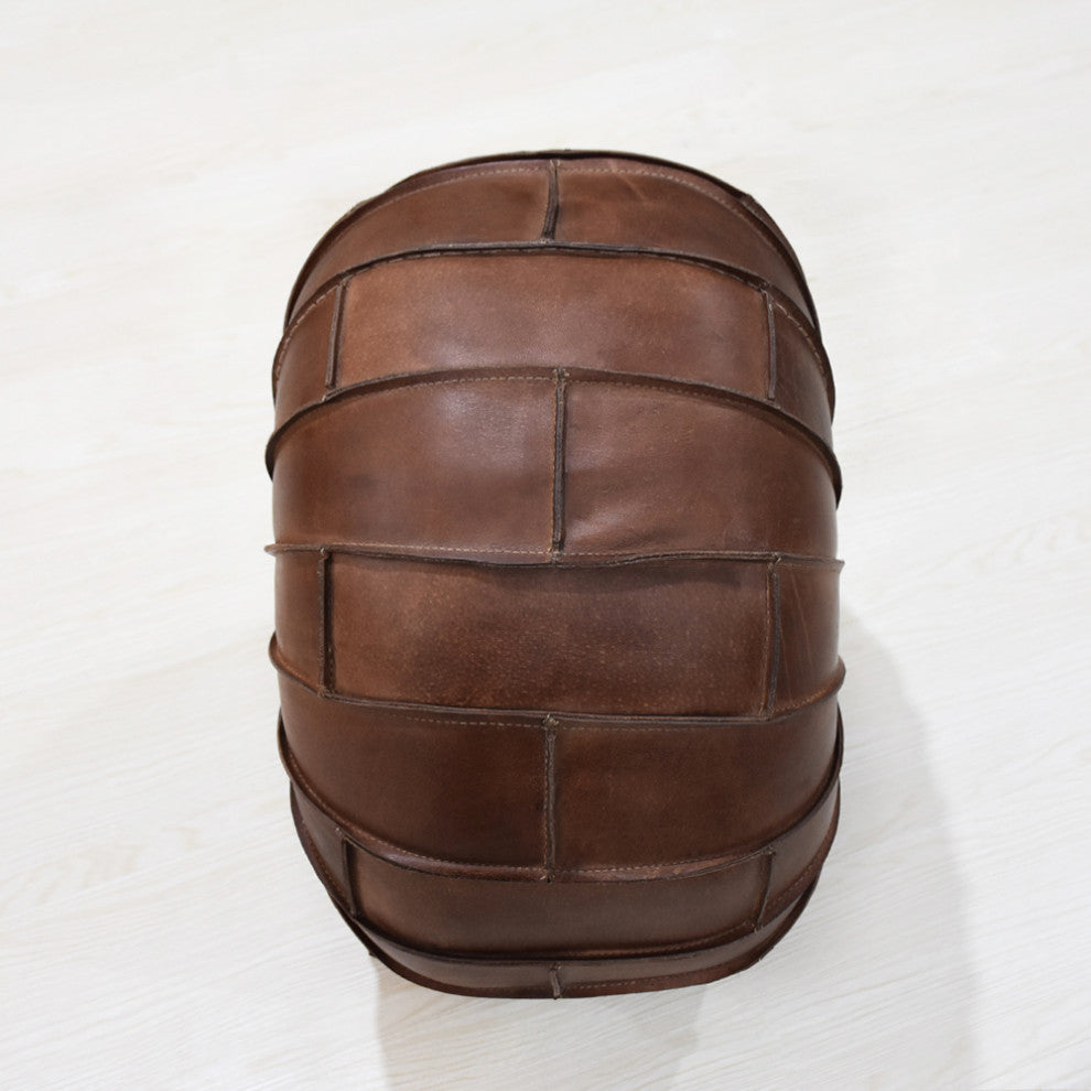 Solid Handmade Leather Pouf Brown, 21x21x12
