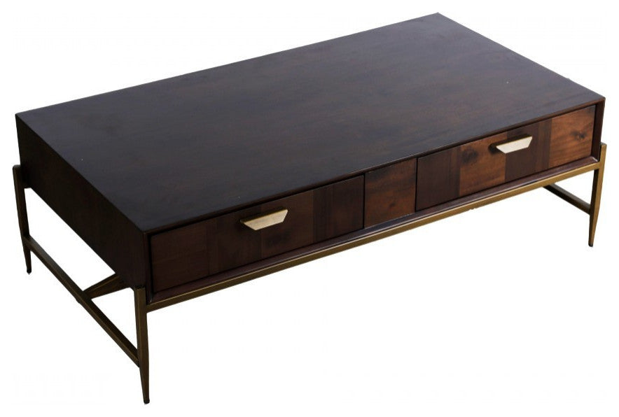 Modern Dark Mango Acacia and Brass Coffee Table