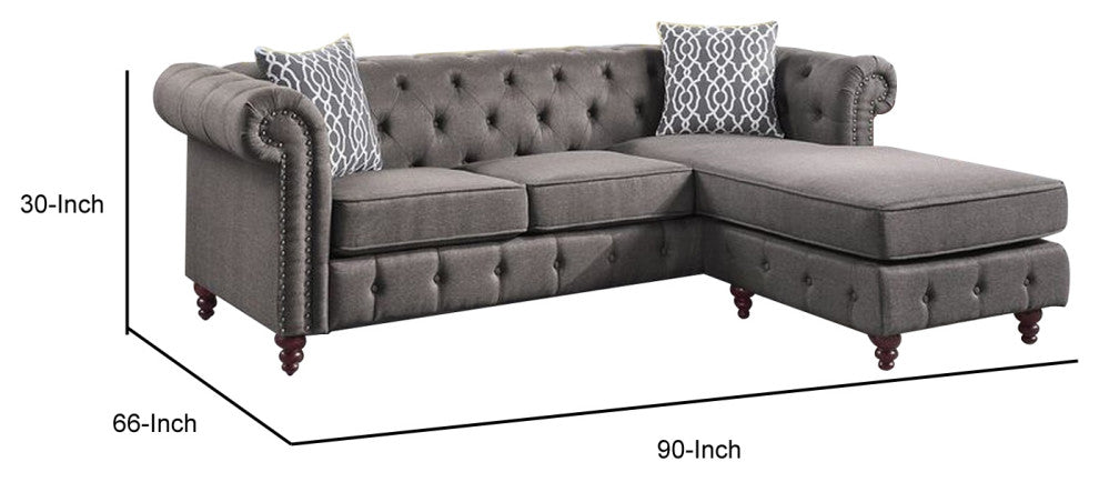 Benzara BM251169 Reversible Sectional Sofa, Button Tufting and Rolled Arms, Gray