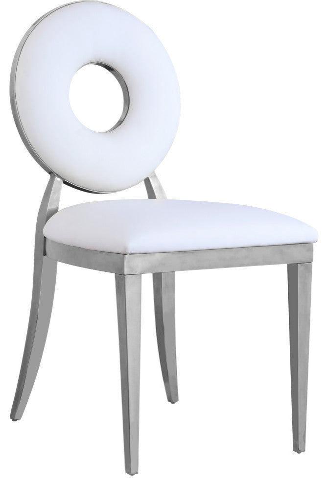 Carousel Upholstered Dining Chair, Set of 2, White Vegan Leather, Chrome Finish