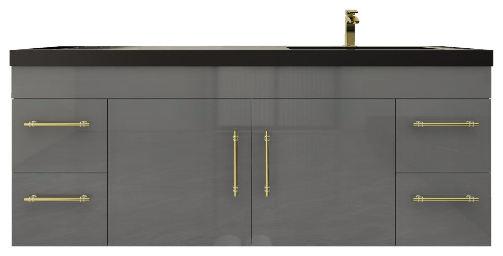 Rosa 60" Wall Mounted Modern Vanity, High Gloss Gray, Matt Black Top