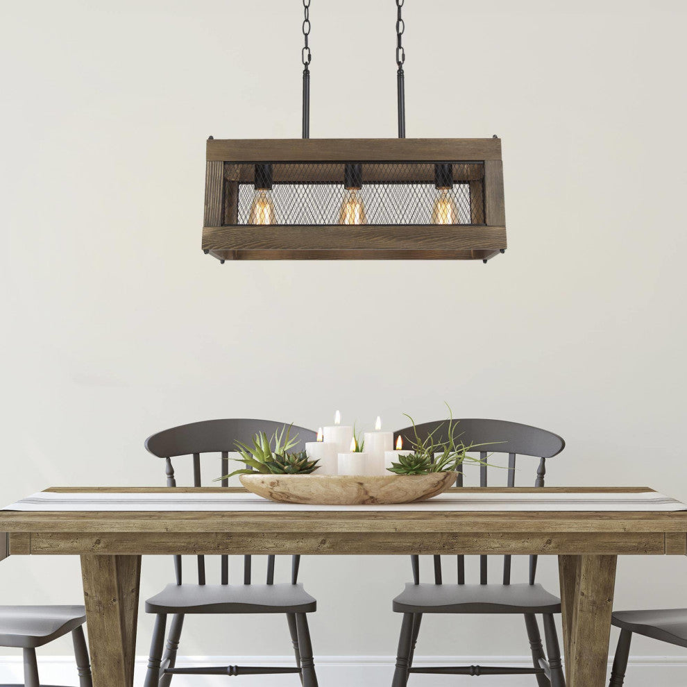 3-Ligths Matte Black Farmhouse Linear LED Kitchen Island Wooden Chandeliers