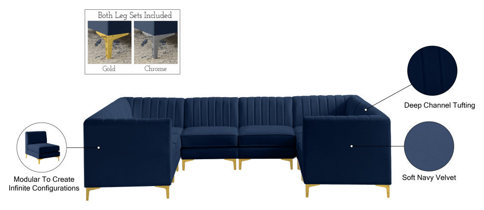 Alina Velvet Modular U-Shaped Sectional, Navy, 8-Piece: 4 Armless Chair, 4 Corner Chair