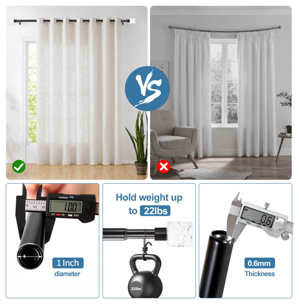 1" Diameter Cut Ice Single Drapery Curtain Rod, Black, 28"-48"