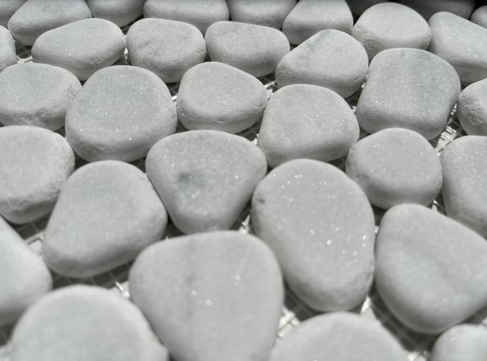 Pebble Stone Mosaic Tile Carrara White Marble River Rocks Tumbled, 1 sheet