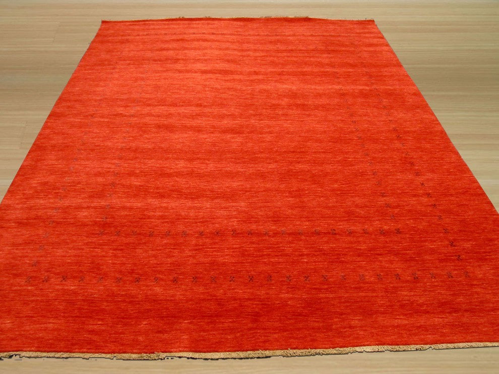EORC Handmade Wool Red Traditional Solid Lori Baft Rug, Rectangular 9'x12'