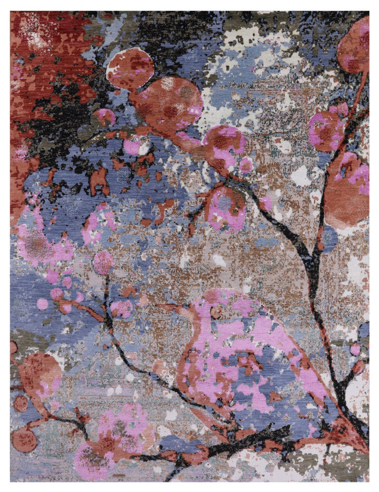 9' 0" X 12' 0" Bird Design Modern Handmade Wool and Silk Rug Q7199