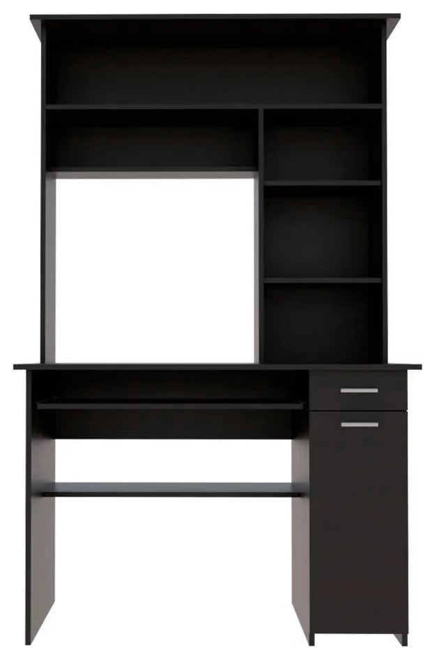 Modern Desk, Rectangular Top With Large Hutch & Ample Storage Space, Light Gray, Black