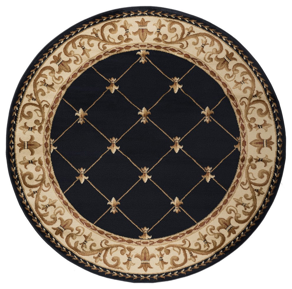 Orleans Traditional Border Area Rug, Black, 5'3" Round