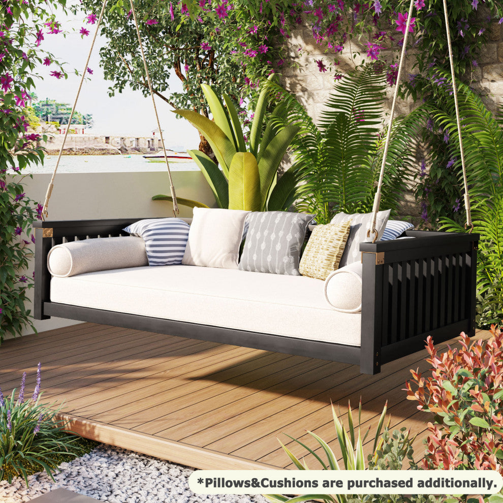 GDF Studio Acacia Wood Twin Size Garden Porch Swing Bed, Black