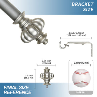 1" Diameter Regina Curtain Rod, 48"-84", Pewter